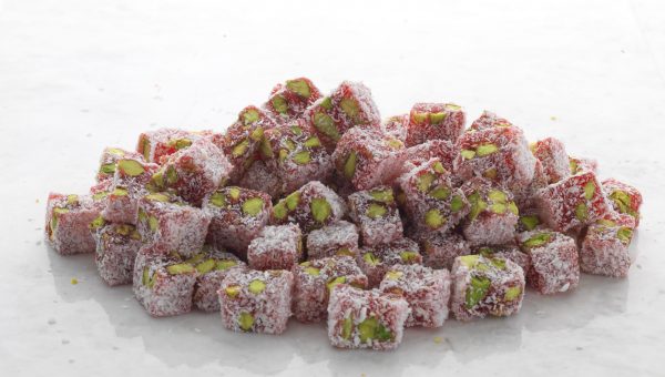 Hard Consistency Turkish Delight with Pistachio and Pomegranate Covered by Coconut