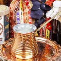 Buy Copper Forged Coffee Pot With Red Tray For 6 People Copper Forged Coffee Pot With Red Tray For 6 People