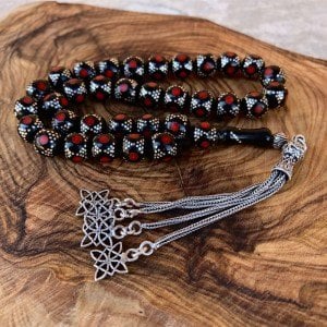 Red Enameled Silver Embroidered Oltu Rosary