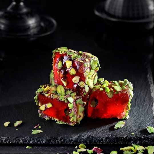 Turkish Delight With Blackberry Flavor, Pistachio Filled and Pistachio Coated